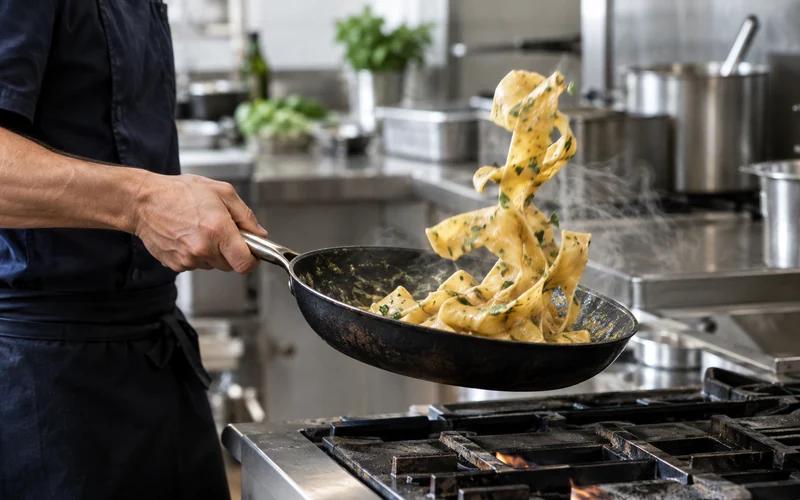 A chef tossing pasta in a skillet at an Italian restaurant stove.