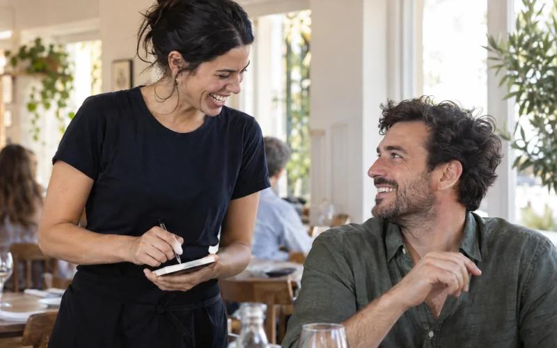 A server and guest sharing a laugh in a sunlit Italian bistro.