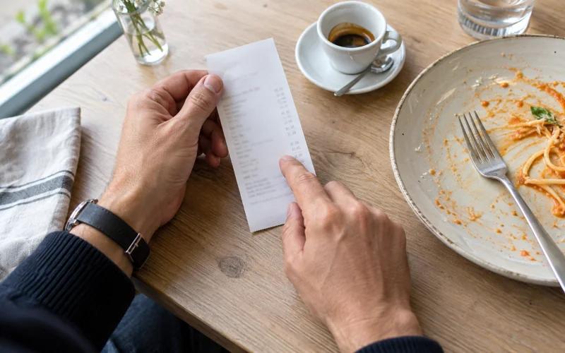 A guest checking the bill beside a finished meal and espresso.
