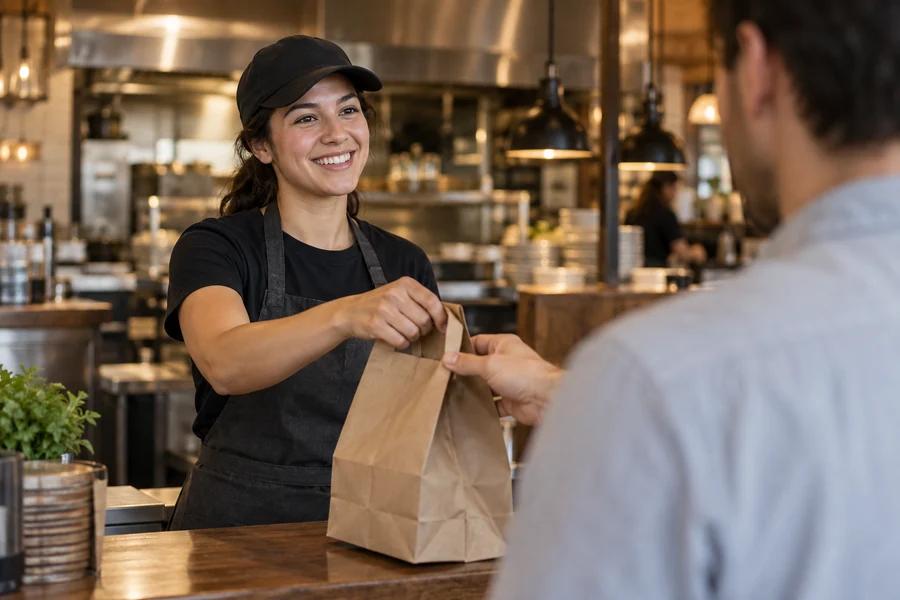A smiling staff member handing a paper takeout bag to a guest at the counter.