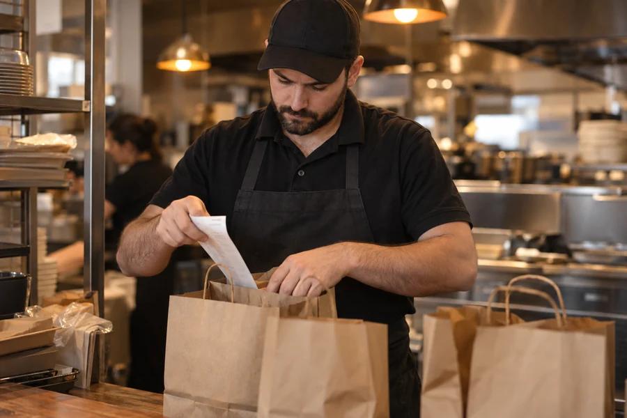 A staff member checking a receipt while packing paper takeout bags.
