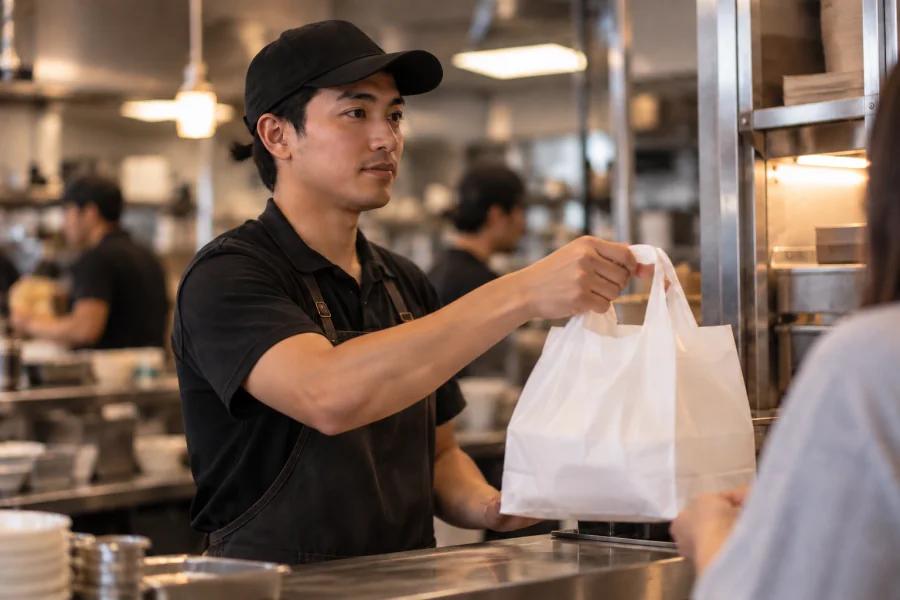 A staff member handing a packed takeout bag across the restaurant counter.