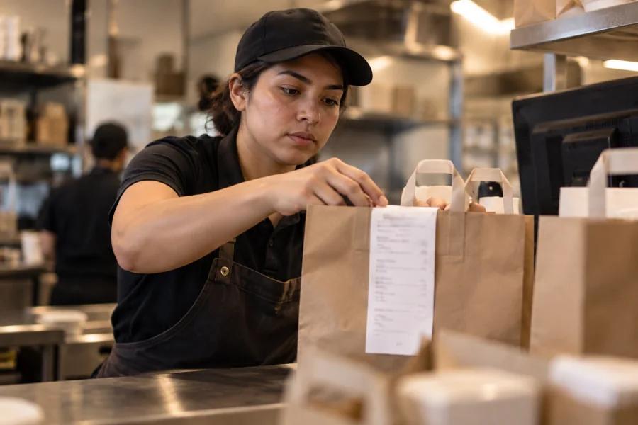 A staff member checking the contents and receipt of a paper takeout bag.