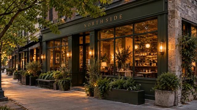 Northside restaurant exterior at dusk