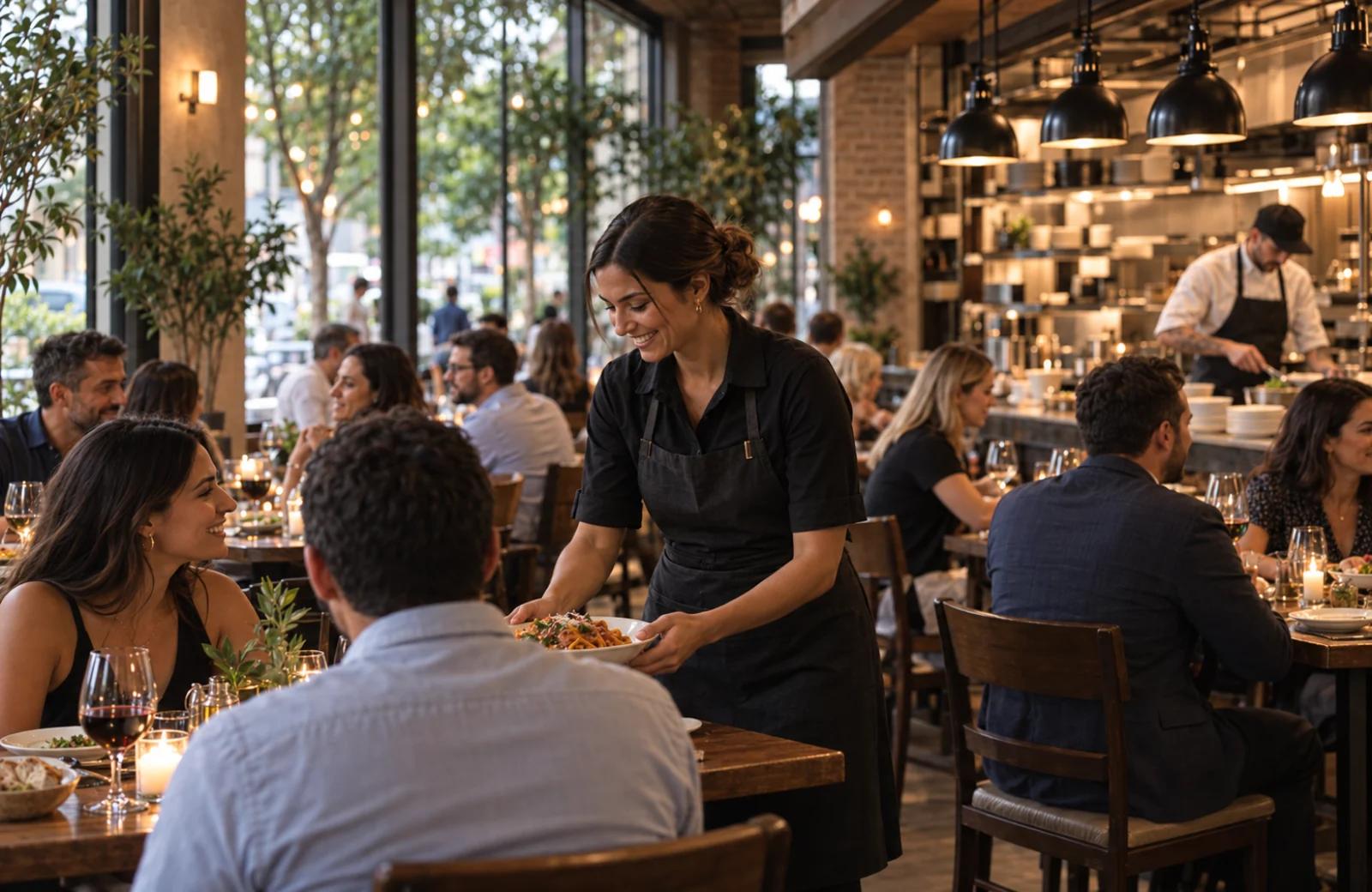 A server serving pasta to guests in a busy restaurant, with diners and an open kitchen behind her.